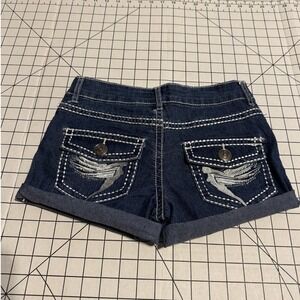 Street Jeans Women Dark Wash Contrast Stitch Wing Embroidered Denim Shorts 3